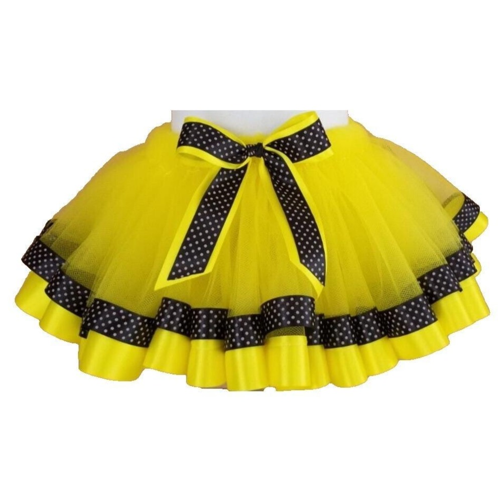 Handmade Girls Yellow Tutu Skirt Black Polka Dot Ribbon Dance Costume Birthday